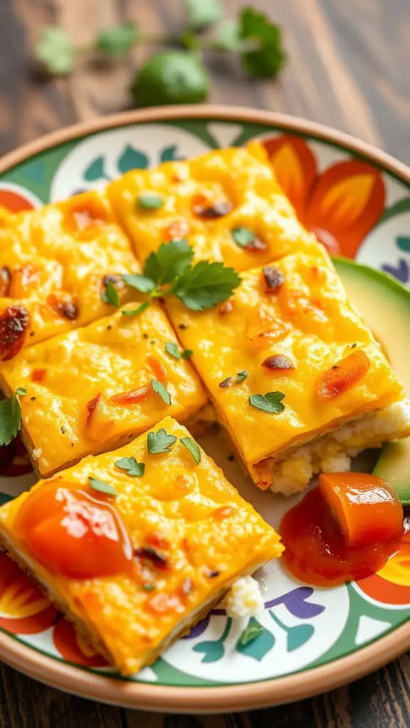 A colorful plate with slices of tortilla casserole topped with cheese and garnished with herbs.