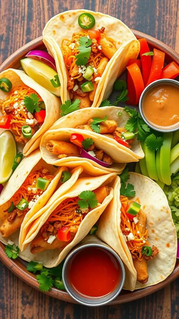 A colorful taco platter with tortillas, fillings, and fresh veggies.