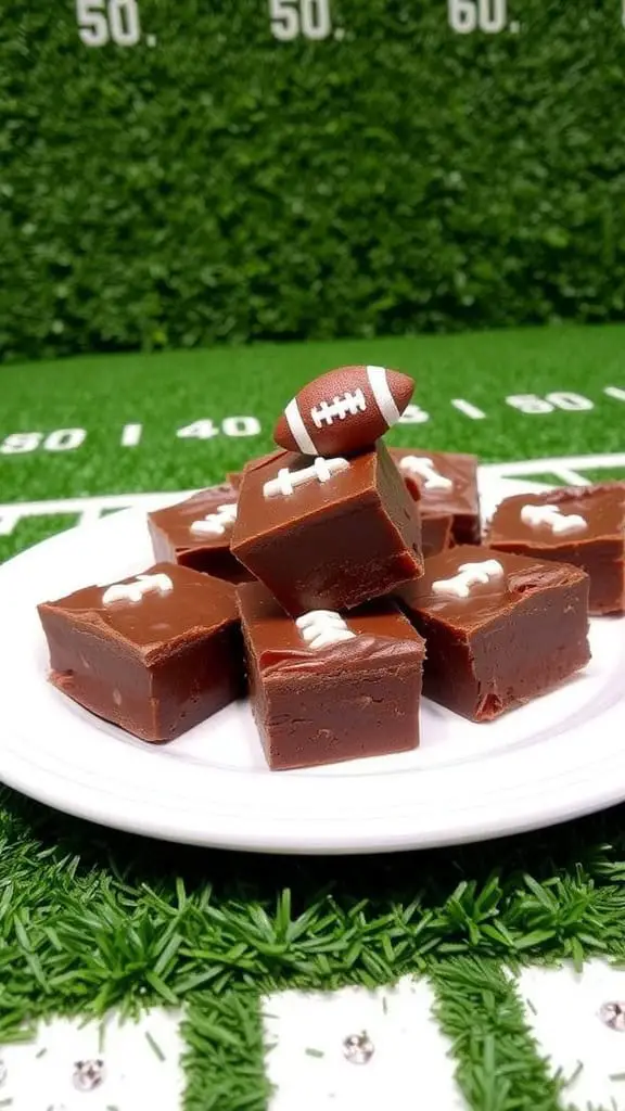 Chocolate fudge bars shaped like footballs on a plate, set against a football field background.