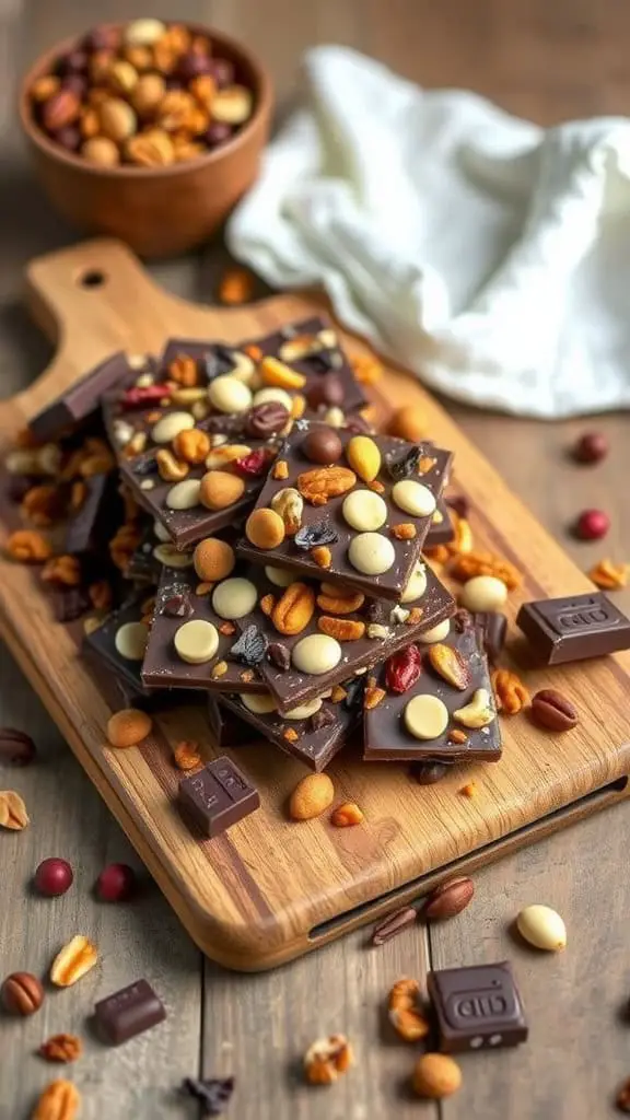 A wooden platter with chocolate bark topped with nuts and dried fruits, alongside a bowl of mixed nuts.