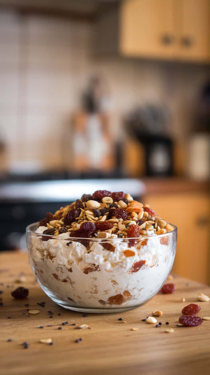 A bowl of creamy yogurt topped with trail mix containing nuts, seeds, and raisins, set in a cozy kitchen.