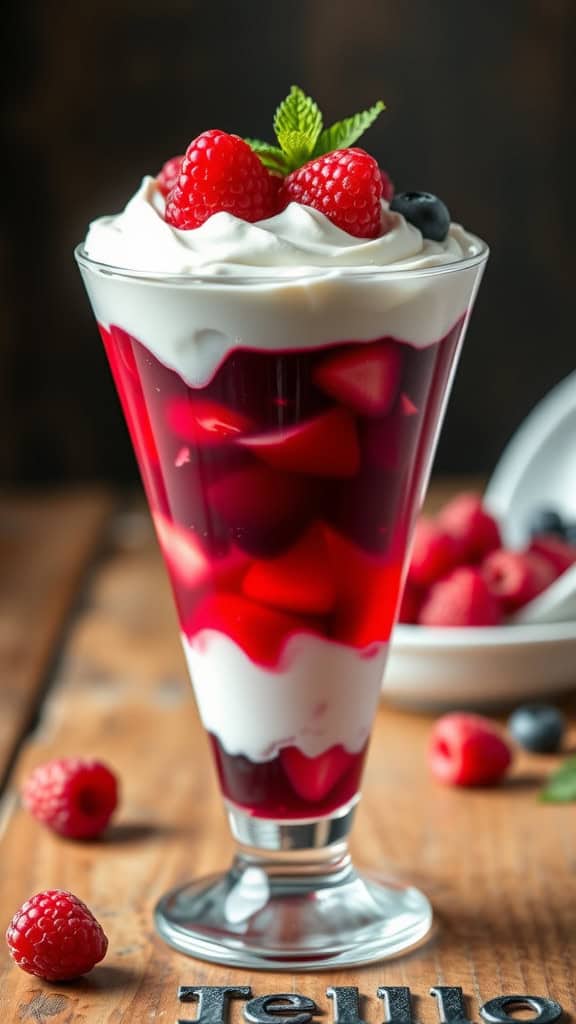 A colorful Triple Berry Jello Parfait with layers of raspberry jello, whipped cream, and topped with fresh raspberries and blueberries.