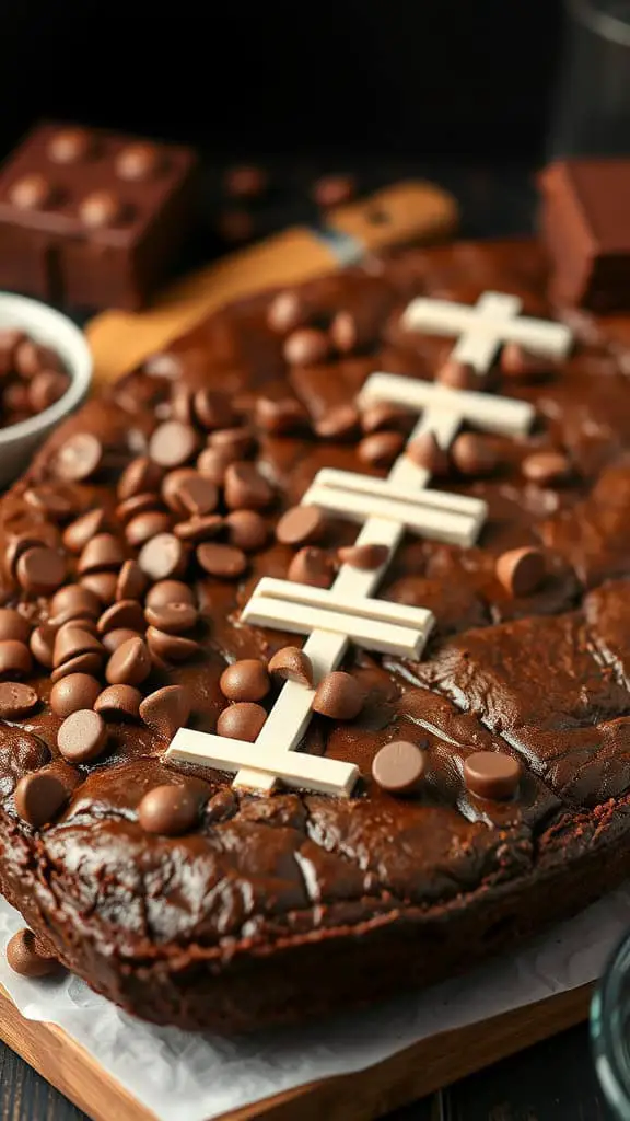 A plate of chocolate brownies decorated like a football with chocolate chips on top.