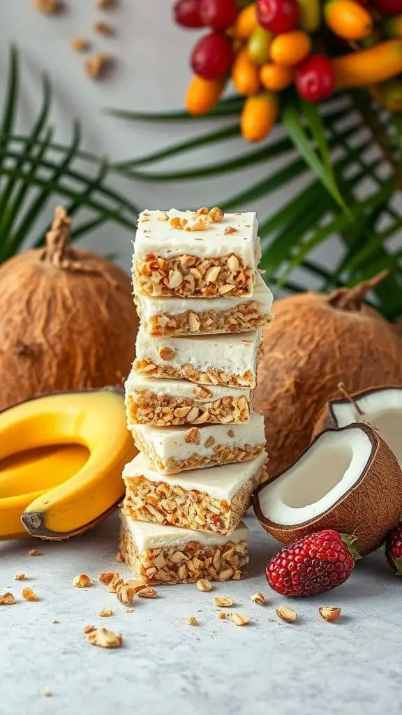 A stack of tropical coconut breakfast bars surrounded by bananas, raspberries, and whole coconuts.