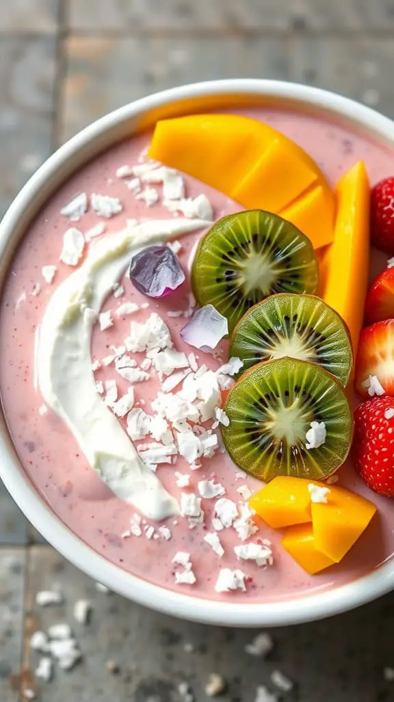 A tropical smoothie bowl with pink cottage cheese base topped with mango, kiwi, strawberries, and shredded coconut.