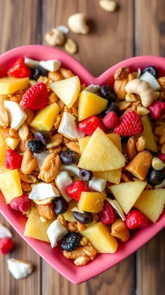 A colorful mix of tropical fruits and nuts in a heart-shaped bowl.