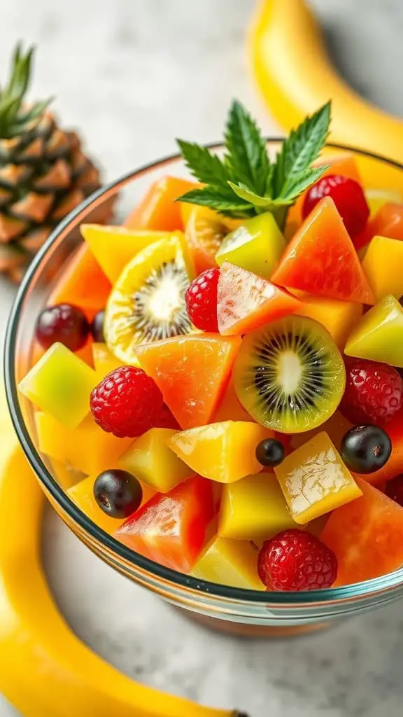 A colorful bowl of tropical fruit salad featuring kiwi, raspberries, and melons.