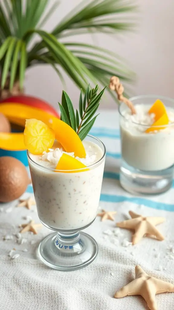 A glass with mango chia pudding topped with mango slices and coconut flakes.