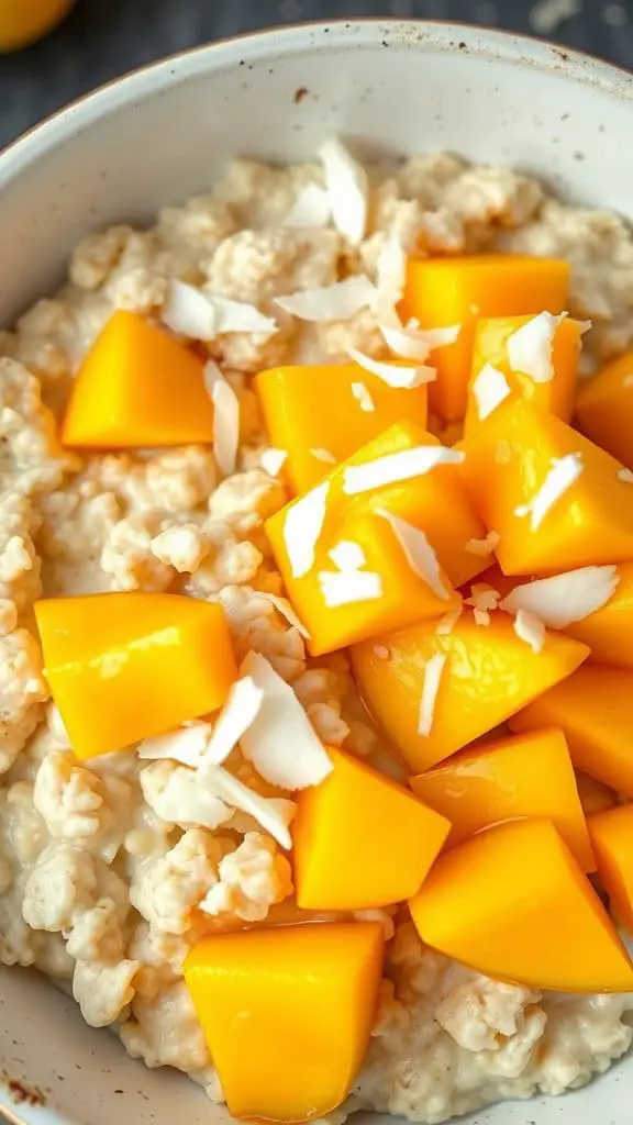 Bowl of tropical mango coconut cottage cheese oats topped with mango chunks and shredded coconut.