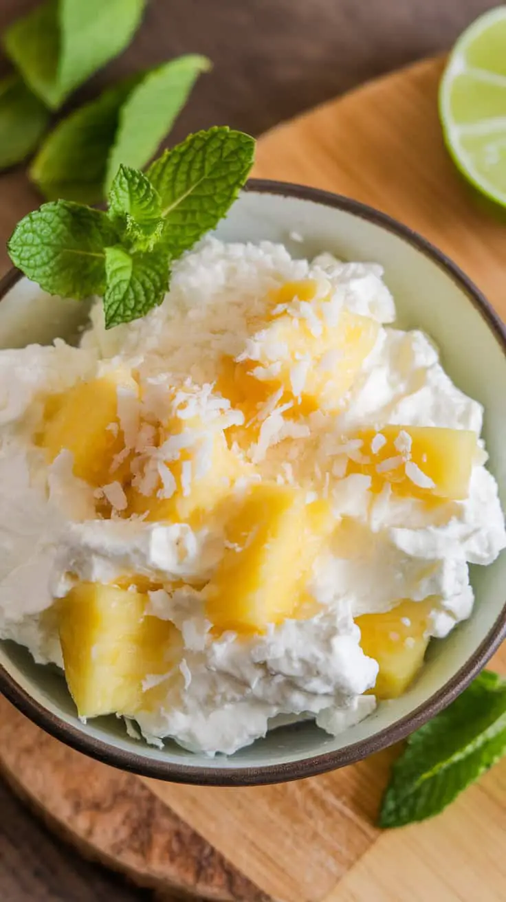 A bowl of creamy coconut topped with pineapple chunks, shredded coconut, and mint leaves, with a lime slice in the background.