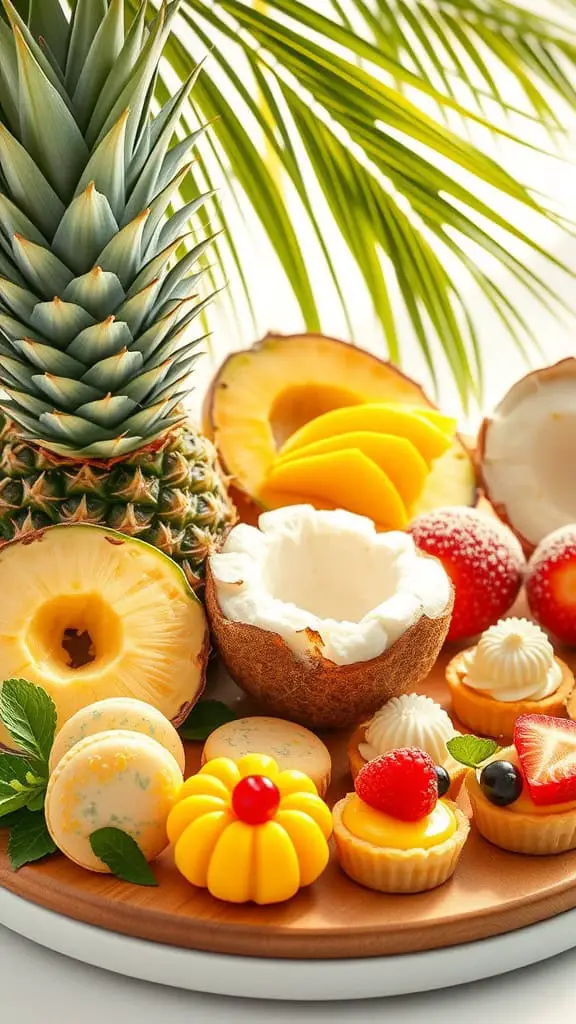 A tropical dessert board featuring fresh fruits like pineapple and coconut, alongside colorful pastries and mini tarts.