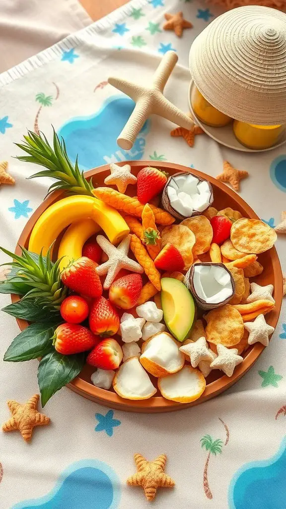 A colorful tropical-themed snack tray filled with fruits and snacks.