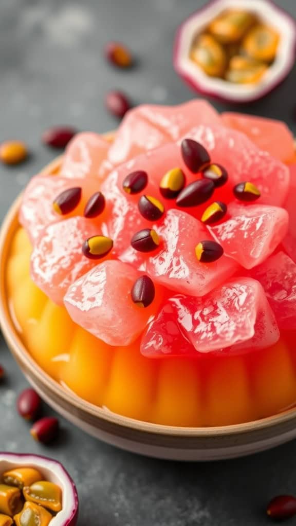 A colorful jello dessert topped with seeds, showcasing a tropical theme.