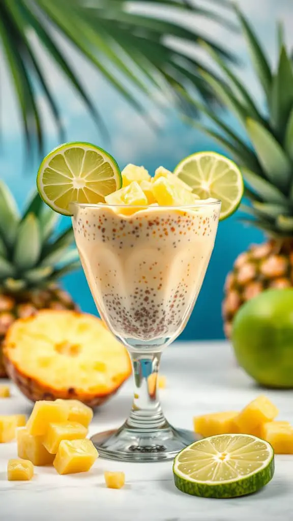 A glass of chia pudding topped with pineapple chunks and lime slices, with pineapples in the background.