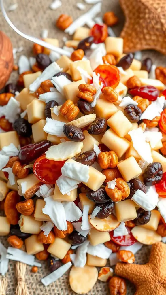 A colorful pile of tropical trail mix with nuts, dried fruits, and coconut flakes.