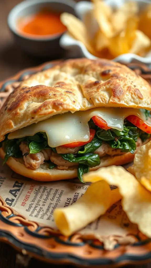 A turkey spinach pita melt with melted cheese and fresh veggies, served with chips.