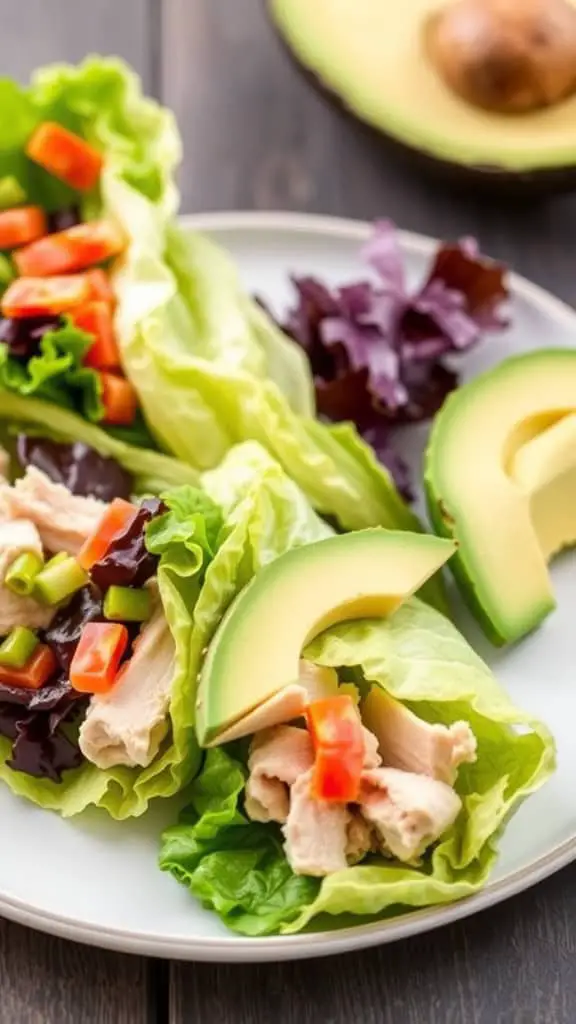 Plate of turkey and avocado lettuce wraps with colorful veggies