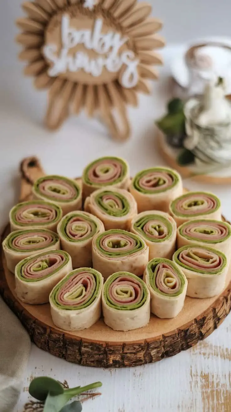 A beautifully arranged platter of turkey and avocado pinwheels, perfect for a baby shower or party.