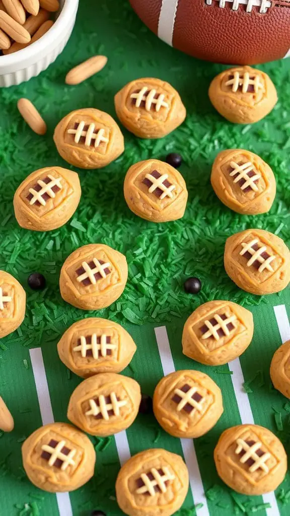 Peanut butter bites shaped like footballs on a green grass mat with a football and weights.