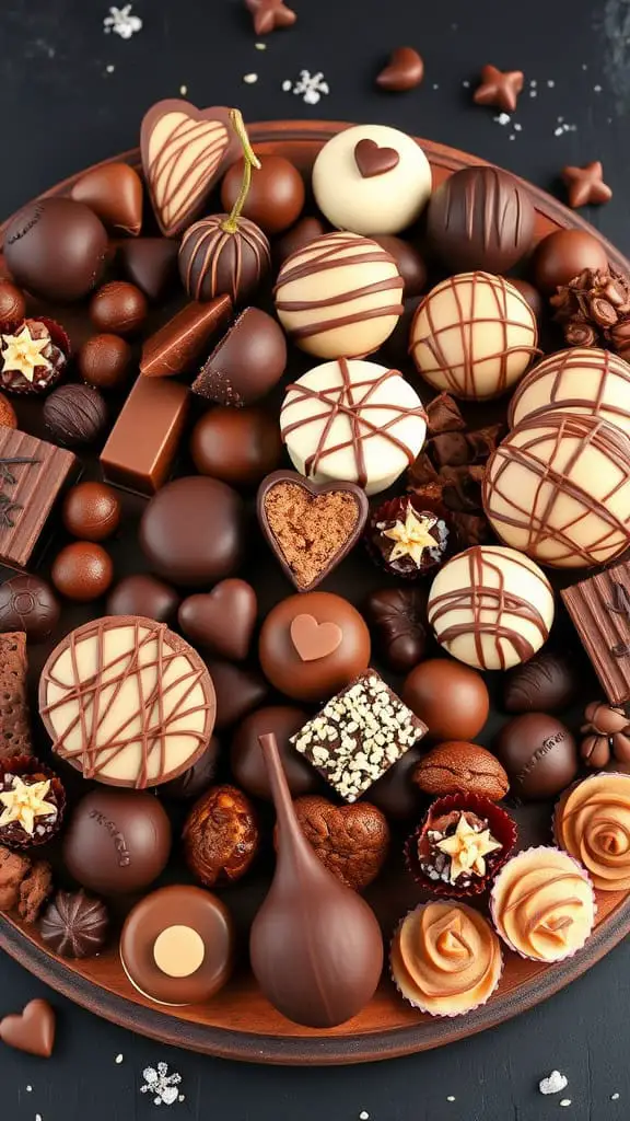 A beautifully arranged chocolate board featuring a variety of chocolates, including truffles, pralines, and chocolate bars, topped with mint leaves.