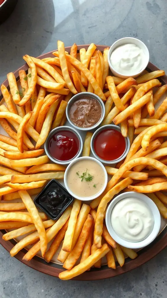 A wooden platter filled with crispy golden fries and a variety of dipping sauces.