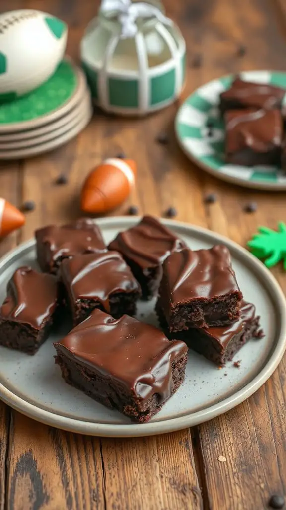 Delicious fudge brownies on a plate surrounded by football-themed decorations.