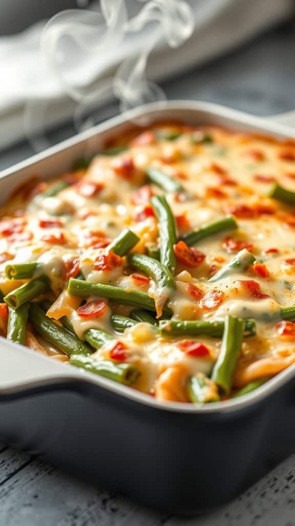 A delicious Green Bean Casserole with melted cheese and green beans, steaming in a baking dish.