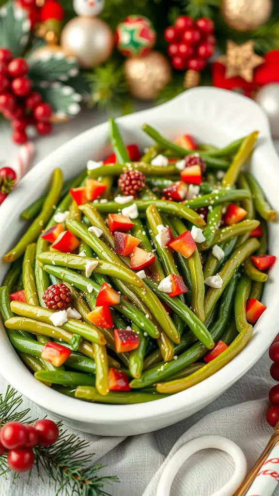 A delicious green bean dish garnished with red bell pepper and cheese, set against a festive background.