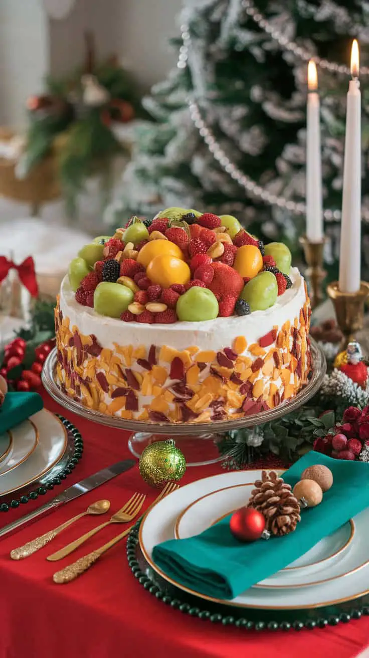 A beautifully decorated moist Christmas fruit cake topped with colorful fruits, placed on a festive table setting