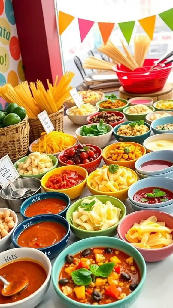 Colorful pasta bar setup with various toppings and sauces.