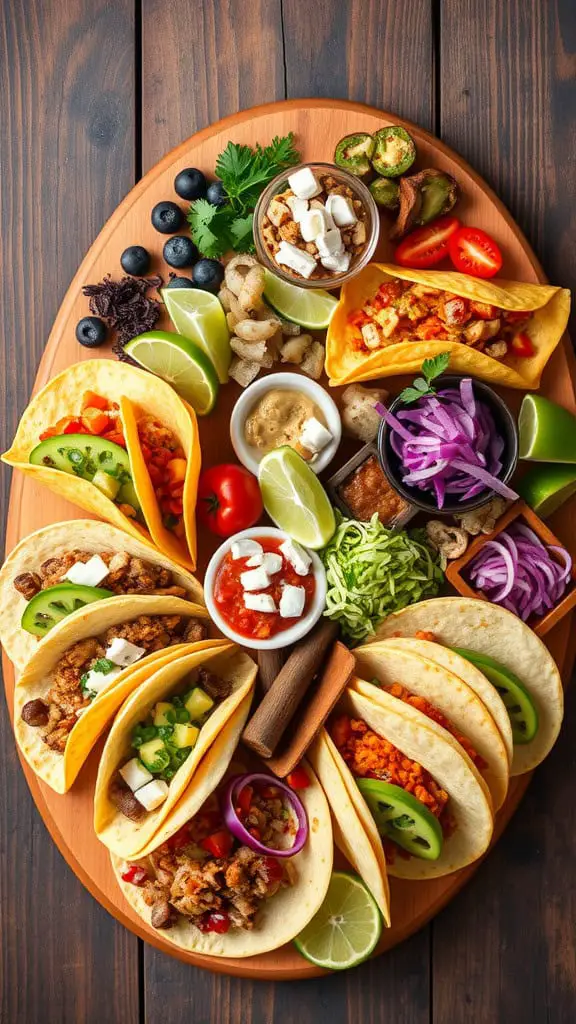 A beautifully arranged taco feast board with various tacos, garnishes, and dips.