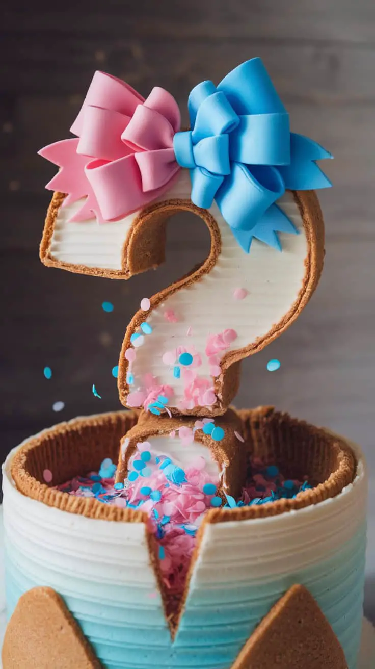 A creative gender reveal cake shaped like a question mark, with pink and blue bows and colorful confetti spilling from it.