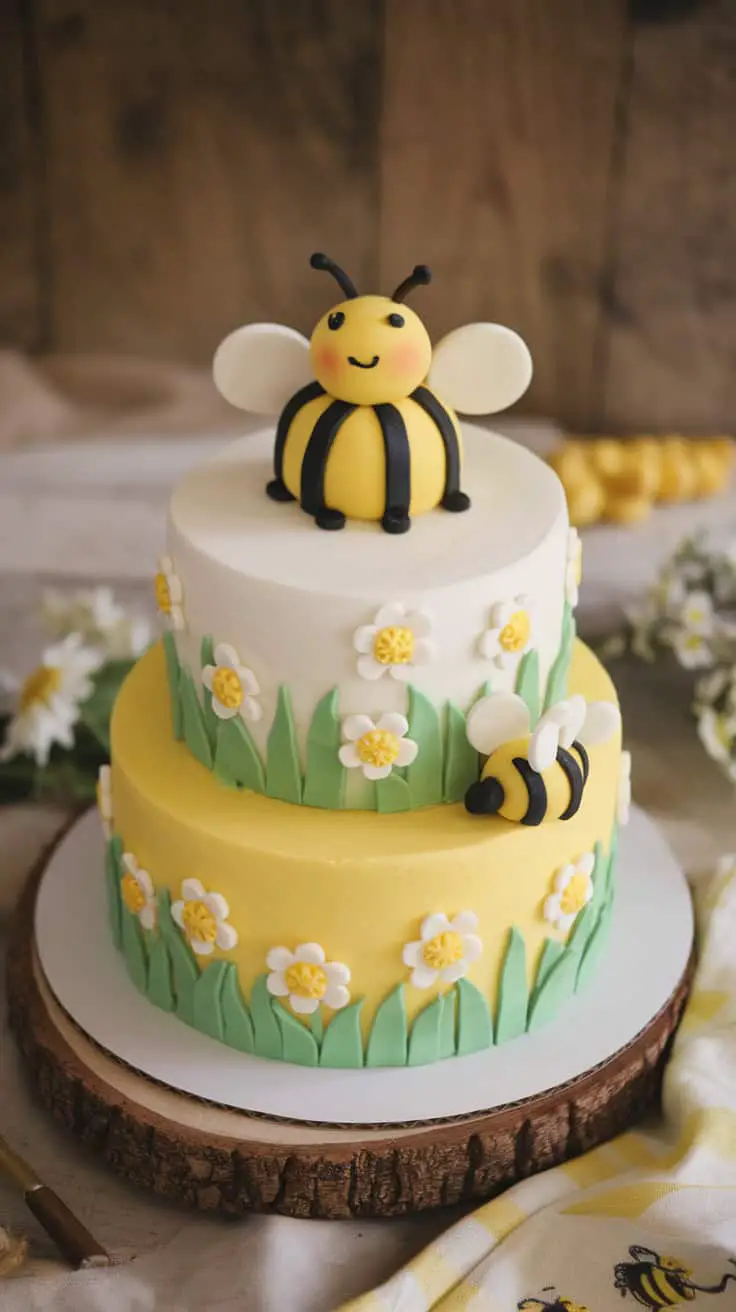 A two-tier bee-themed baby shower cake decorated with flowers and a cute bee figure on top.