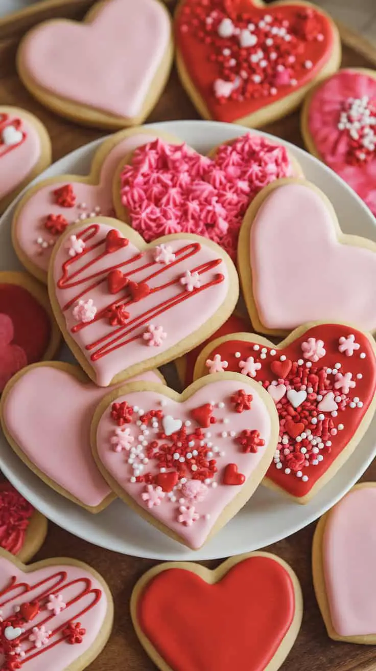 An assortment of decorated heart-shaped cookies for Valentine's Day