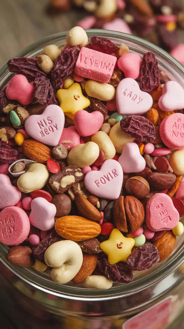 A colorful jar filled with Valentine's trail mix, featuring heart-shaped candies, nuts, and dried fruits.