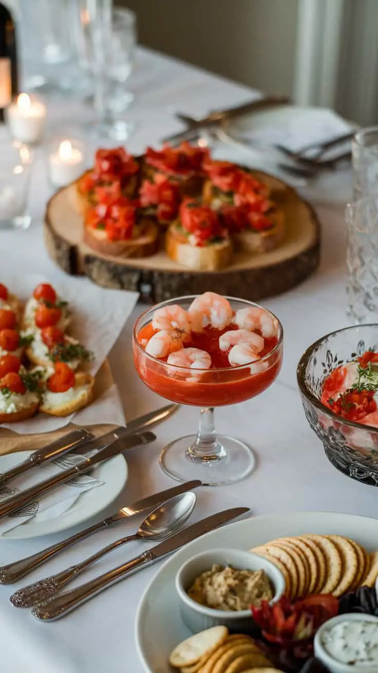 A variety of Valentine's Day appetizers including shrimp cocktail, bruschetta, and assorted crackers on a table.