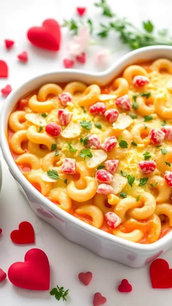 A heart-shaped cheesy pasta bake surrounded by small heart decorations.