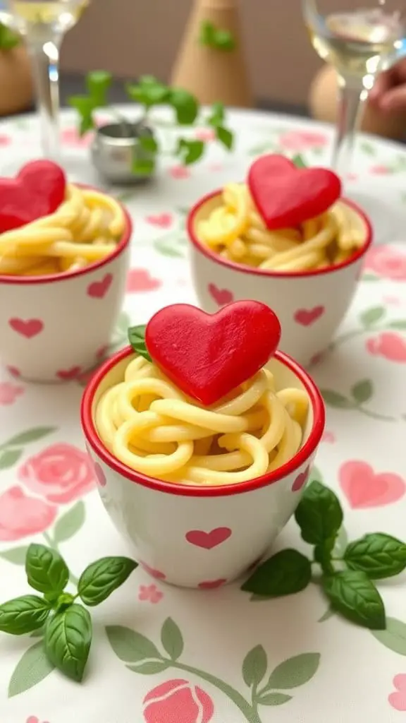 Three cups of Chicken Alfredo pasta topped with heart-shaped garnishes on a floral tablecloth.