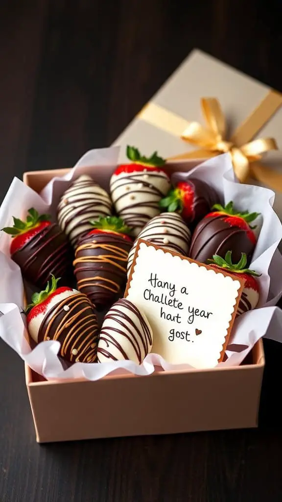 A gift box filled with beautifully decorated chocolate-covered strawberries, featuring a heartfelt note.