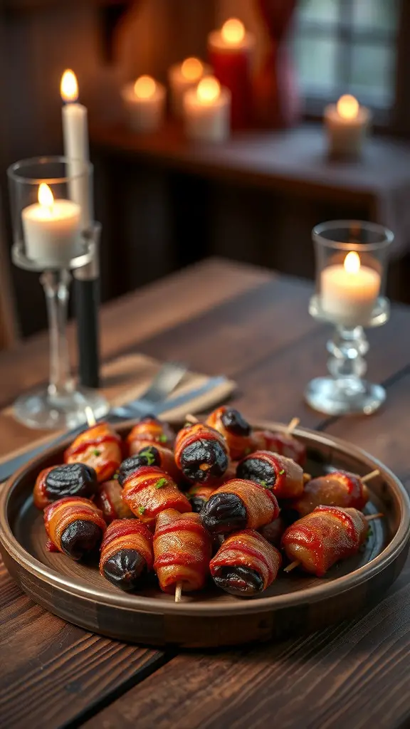 A plate of bacon-wrapped dates on a wooden table with candles in the background, creating a romantic atmosphere.