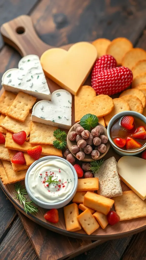 A beautifully arranged cheese and crackers board for Valentine's Day, featuring heart-shaped cheeses, strawberries, and a variety of snacks.