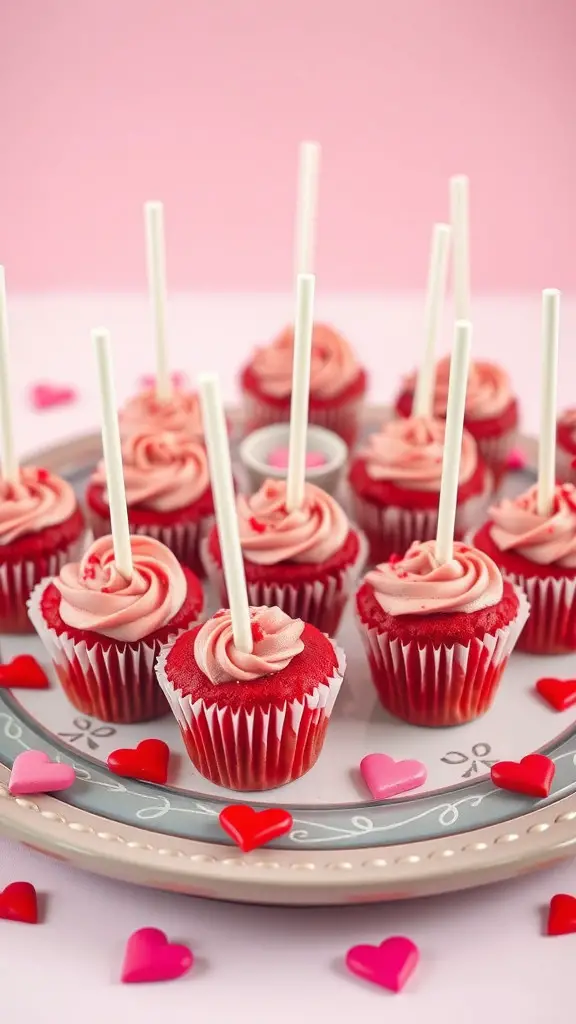 A plate of red velvet cupcake pops with pink frosting and heart decorations around them.