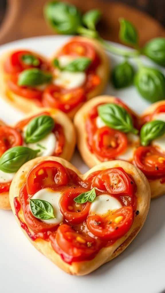 Heart-shaped pizzas topped with tomatoes and basil on a plate