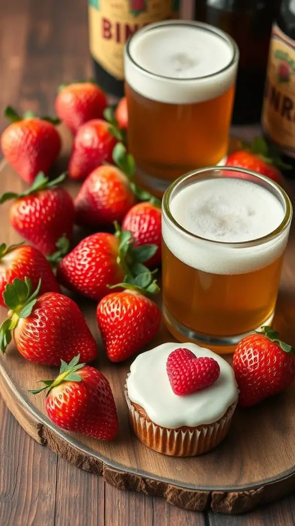 A wooden platter with fresh strawberries, two glasses of beer, and a cupcake with a heart-shaped topping.