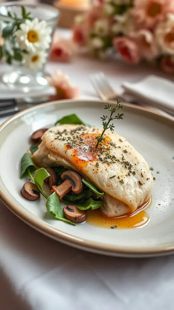 A beautifully plated spinach and mushroom stuffed chicken, garnished with a sprig of thyme, served on a decorative plate with greens and mushrooms.