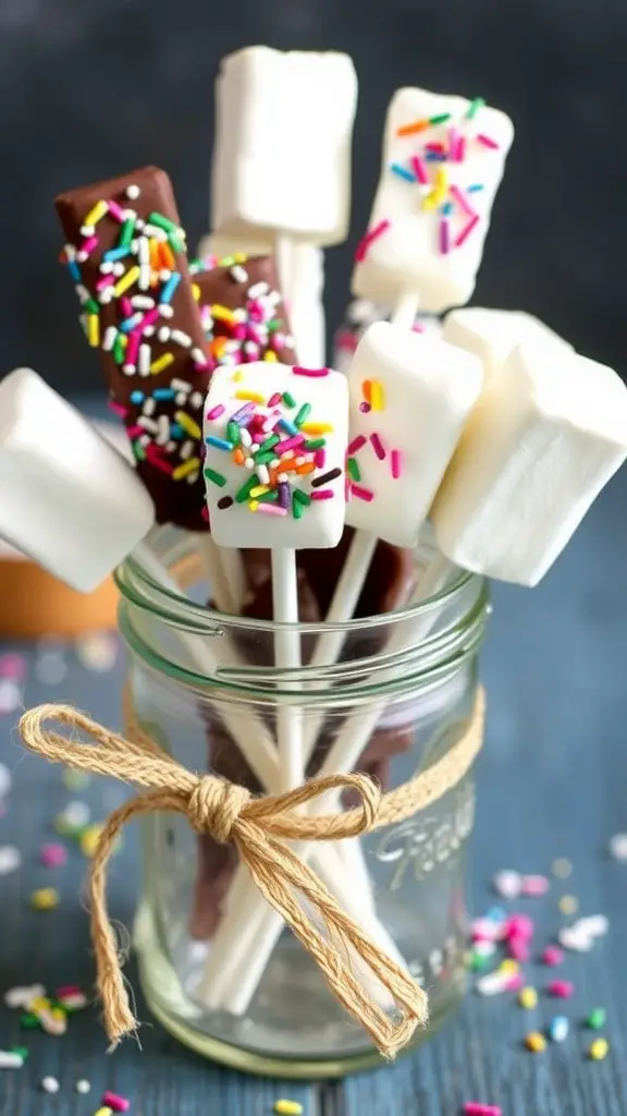 Colorful chocolate-covered marshmallow sticks in a jar with sprinkles