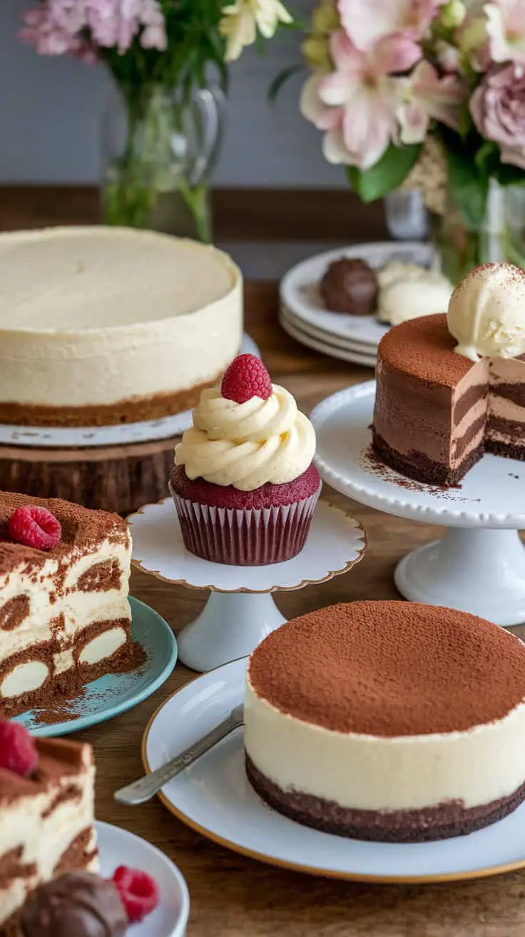 A beautiful display of Valentine's desserts including cakes and a red velvet cupcake topped with frosting and raspberries.