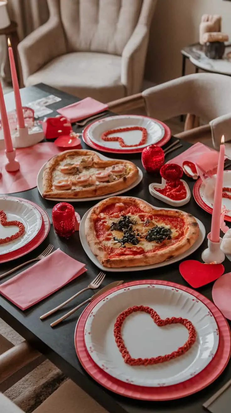 A festive Valentine's dinner table for kids with heart-shaped pizzas and red decorations.