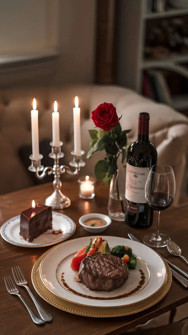 A romantic Valentine's dinner setting with steak, vegetables, chocolate cake, and red wine.