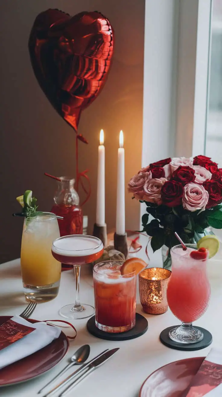 A beautifully arranged Valentine's drink table with various colorful cocktails, a heart-shaped balloon, candles, and a bouquet of roses.